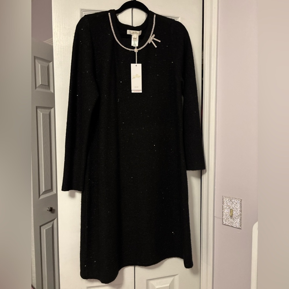 Lilly Pulitzer Black Metallic Sequin Sweater Dress w/ Rhinestone collar- NWT